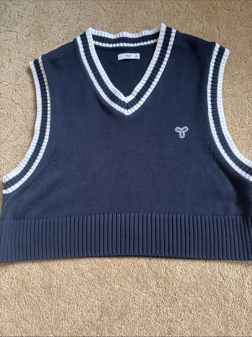 TNA Navy Knit V-Neck Sweater Vest with Cream Trim